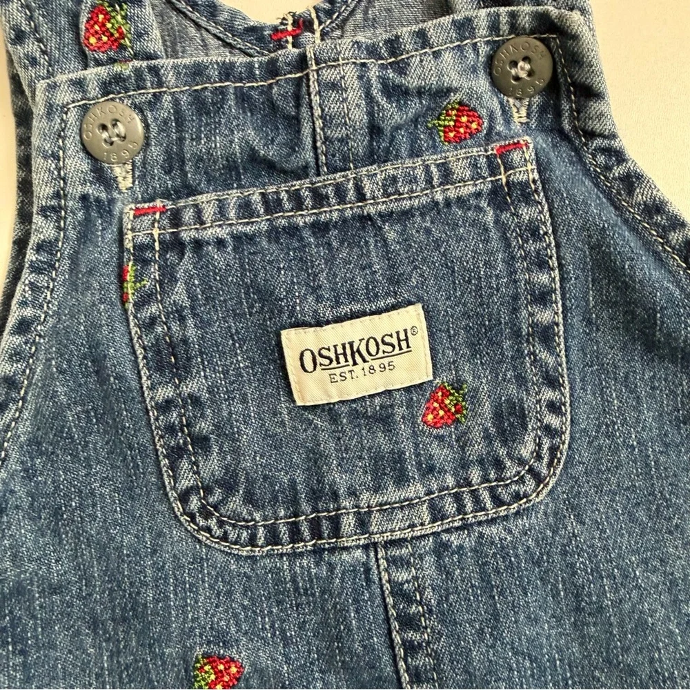 Vintage Y2K OshKosh B'gosh Denim Dress Overalls Embroidered Strawberries Blue